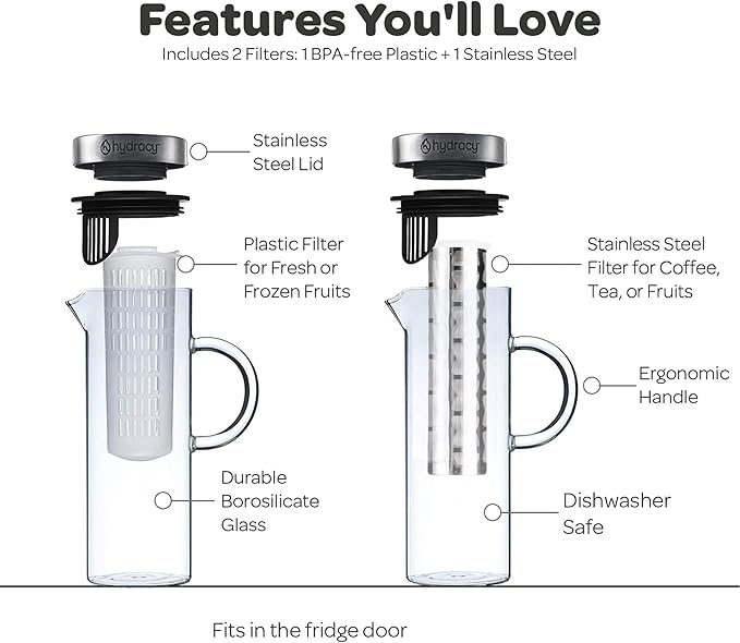 Cold Brew Coffee Maker - Large Glass Infusion Pitcher 1.6 Quarts 52oz - Iced Coffee & Iced Tea Pitcher with Stainless Steel Lid & Fruit Infusion Tube - Perfect for Home or Office