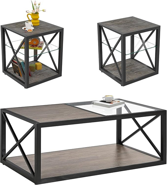 Rustic Coffee Table Set of 3, End Table Mordern Living Room Table Set with Tempered Glass Top Splicing Wood MDF, Black Metal Frame Industrial Style, Grey