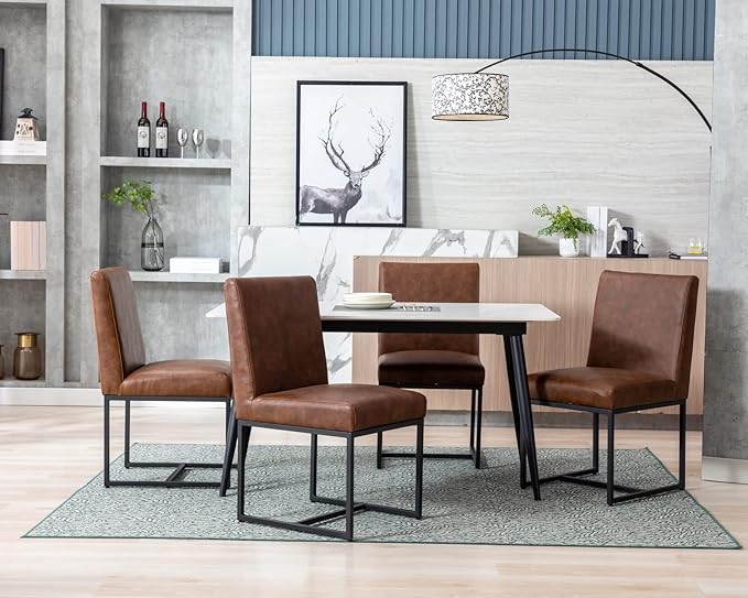 CIMOTA Modern Dining Chairs Set of 8, Leather Dining Room Chairs Upholstered Mid Century Armless Guest Side Chair with Black Base for Dining Room/Kitchen, Vintage Brown 8PCS