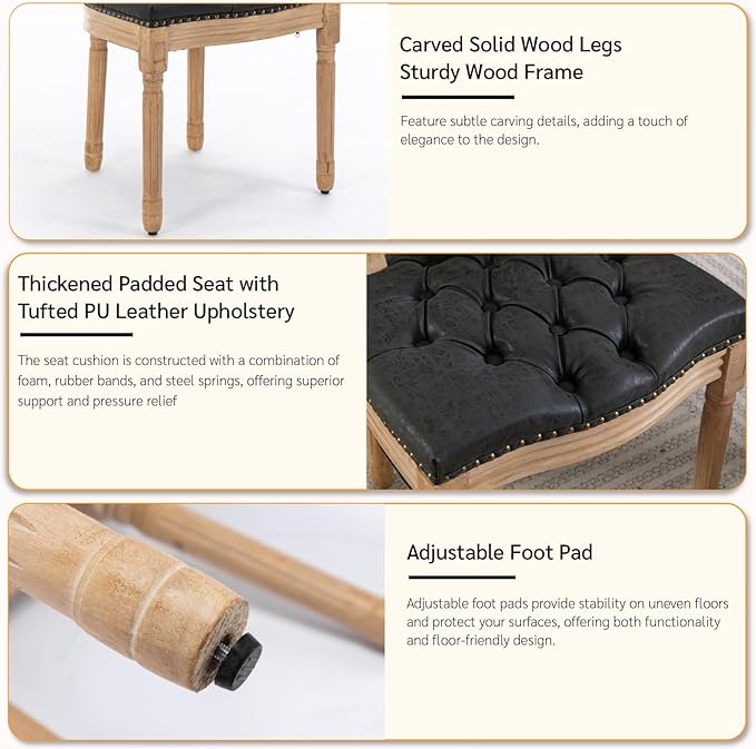 French Country Dining Chairs Set of 4, Vintage Wooden Dining Chairs with PU Leather Upholstered Tufted Seat,Solid Wood Legs&Frame, Farmhouse Kitchen&Living Room Chairs(Black,4 Pcs)