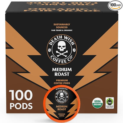Death Wish Coffee - Single Serve Pods - Medium Roast Coffee Pods - Made with USDA Certified Organic - 100 Count (Pack of 1)