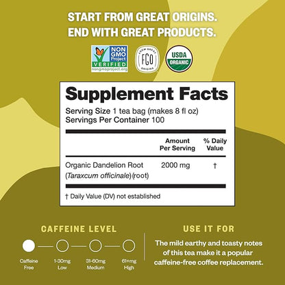 FGO Organic Roasted Dandelion Root Tea, 100 Count, Eco-Conscious Tea Bags, Resealable Bag, Caffeine Free, Packaging May Vary (Pack of 1)