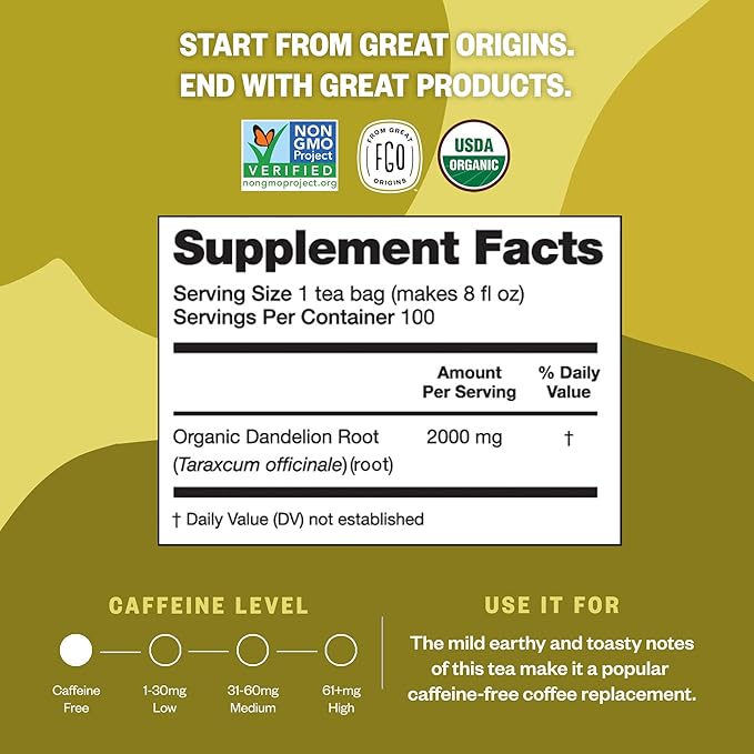 FGO Organic Roasted Dandelion Root Tea, 100 Count, Eco-Conscious Tea Bags, Resealable Bag, Caffeine Free, Packaging May Vary (Pack of 1)