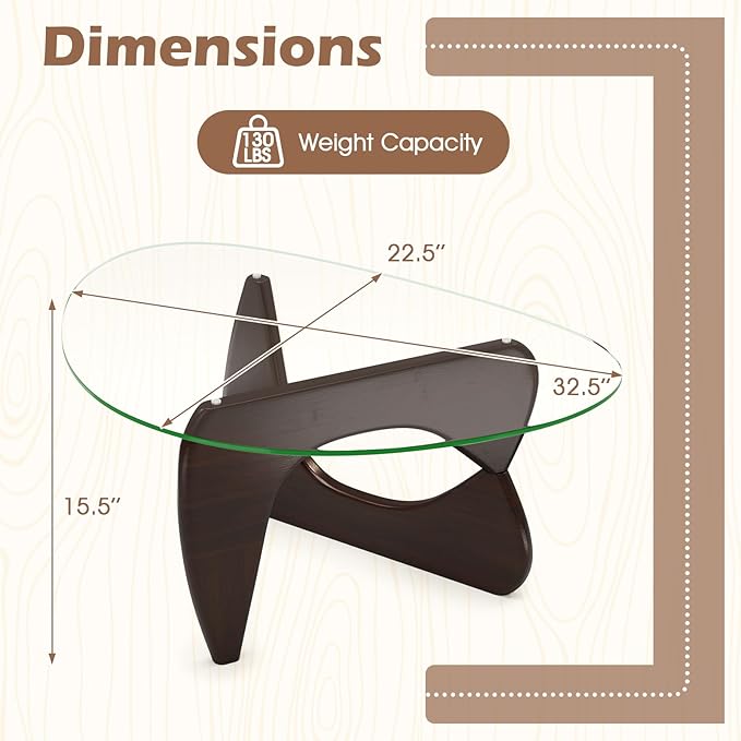 Giantex Triangle Glass Coffee Table, Solid Wood Tea Table with Tempered Glass Top & Adjustable Base, Small Accent Table for Small Spaces, Mid Century Modern Center Table for Living Room (Walnut)