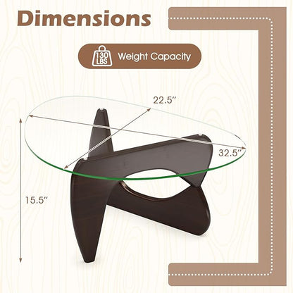 Giantex Triangle Glass Coffee Table, Solid Wood Tea Table with Tempered Glass Top & Adjustable Base, Small Accent Table for Small Spaces, Mid Century Modern Center Table for Living Room (Walnut)