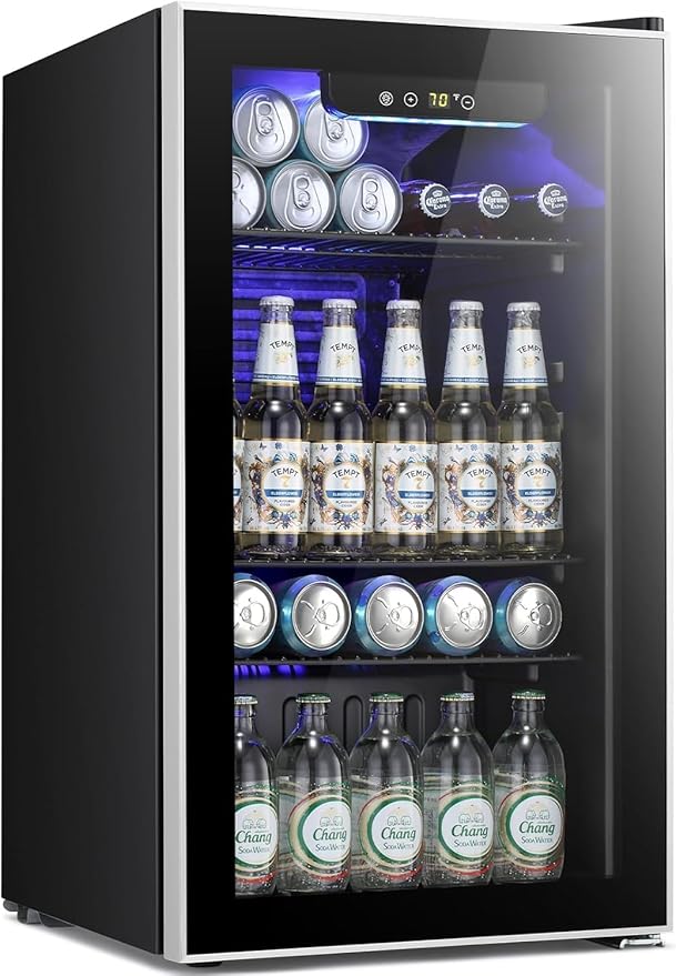 Kismile 3.2 Cu.ft Beverage Refrigerator and Cooler, 130 Can Mini Fridge Glass Door,Digital Temperature Display for Soda, Beer or Wine, Small Drink Dispenser Cooler for Home, Office or Bar(Black)