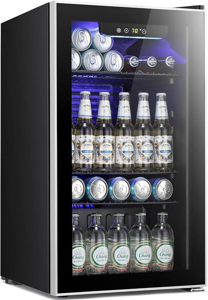 Kismile 3.2 Cu.ft Beverage Refrigerator and Cooler, 130 Can Mini Fridge Glass Door,Digital Temperature Display for Soda, Beer or Wine, Small Drink Dispenser Cooler for Home, Office or Bar(Black)