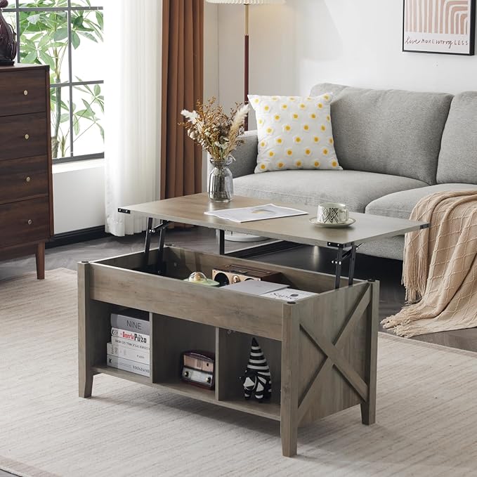 VINGLI Farmhouse Lift Top Coffee Table, Rustic Grey with Storage Shelf/Hidden Compartment, Mesa De Centro para Sala