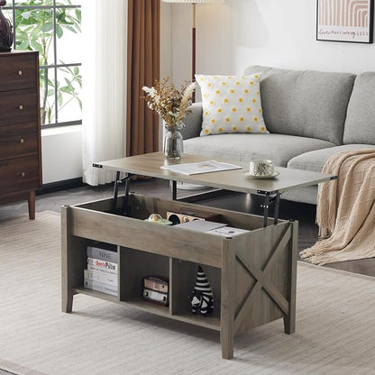 VINGLI Farmhouse Lift Top Coffee Table, Rustic Grey with Storage Shelf/Hidden Compartment, Mesa De Centro para Sala