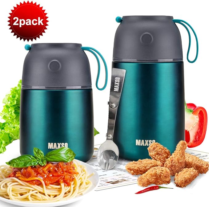 MAXSO 2 Pack Soup Thermo for Hot & Cold Food for Kids Adults, Vacuum Insulated Food Jar Thermal Lunch Containers, Travel Food Flask with Spoon (24 oz,17 oz) (Matte Green)