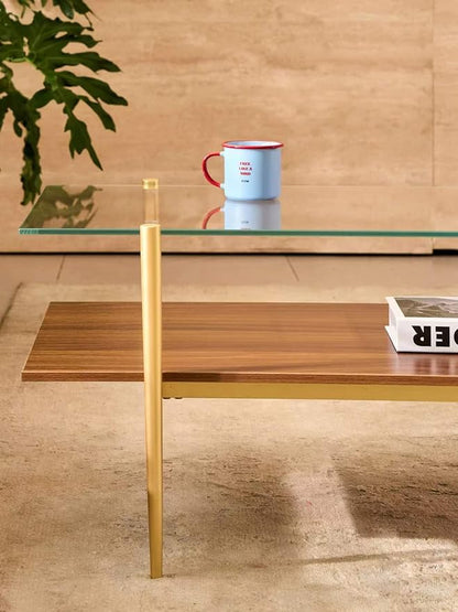 Shrine Rectangle Coffee Table, Mid-Century Modern Design, 2-Tier Structure, Clear Glass Top and Walnut MDF Shelf, 41" D x 21" W x 17" H, Sleek Conical Metal Legs with Gold Finish