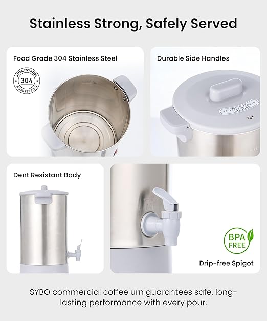SYBO 45Cup Coffee Urn, Commercial Grade Stainless Steel Percolate Coffee Maker, Removable Filter, Easy to Clean, Hot Water Urn for Catering, Hot Beverage Dispenser with Cool-Touch Handles, 4.5L, Grey