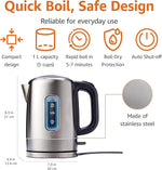 Load image into Gallery viewer, Amazon Basics Electric Stainless Steel Kettle for Tea and Coffee, BPA-Free, Fast Boiling, Auto Shut-Off, 1.1 Quarts, 1500W, Black and Silver