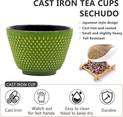 Japanese Cast Iron Tea Cups, Small and Heavy Teacups with no Handles, Japanese Style Cup for Adults, Asian Teacups, Coated with Enameled Interior, 4 Pcs/Box (Green, 3.38oz/100ml)