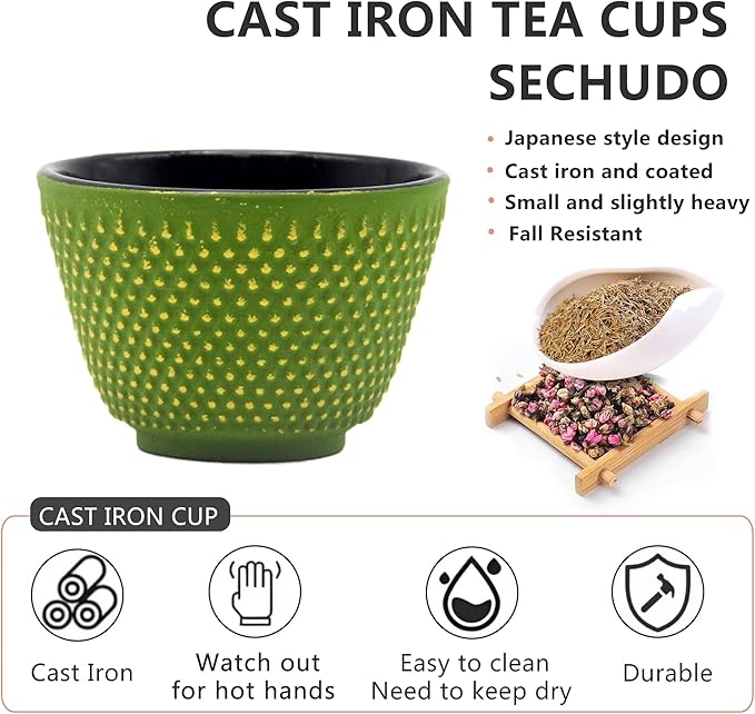 Japanese Cast Iron Tea Cups, Small and Heavy Teacups with no Handles, Japanese Style Cup for Adults, Asian Teacups, Coated with Enameled Interior, 4 Pcs/Box (Green, 2oz/60ml)