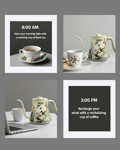 0.8L Gooseneck Electric Kettle, Precise Temperature Control for Pour Over Coffee & Tea, 1200W Fast Boiling Water, Auto Shut Off, Scheduling, Stainless Steel, Floral Painted Design