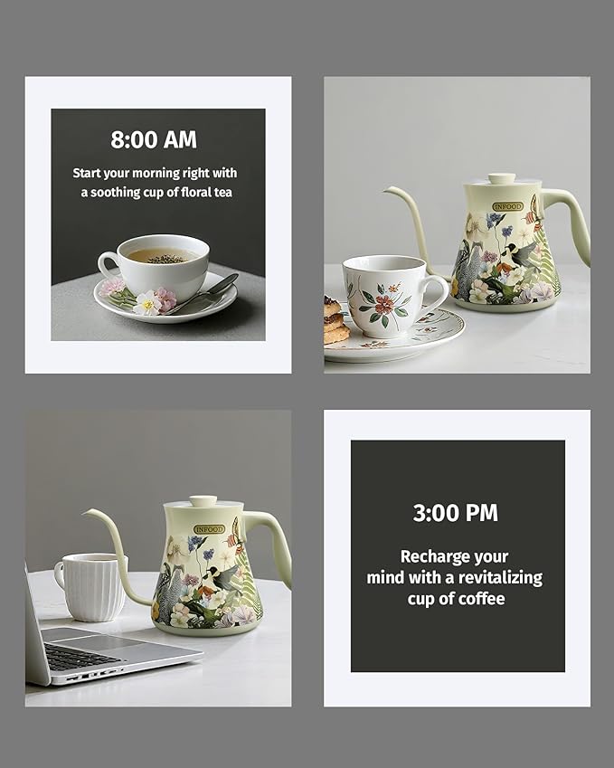 0.8L Gooseneck Electric Kettle, Precise Temperature Control for Pour Over Coffee & Tea, 1200W Fast Boiling Water, Auto Shut Off, Scheduling, Stainless Steel, Floral Painted Design