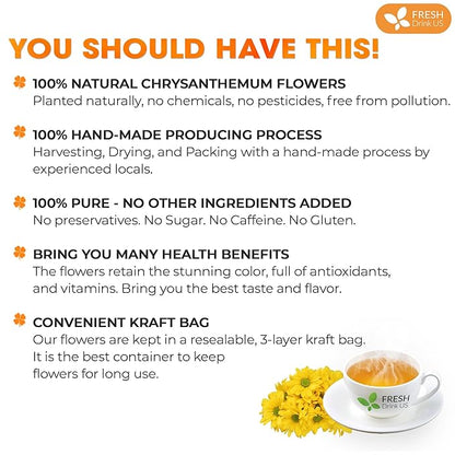 FreshDrinkUS, Premium 5oz Chrysanthemum Flowers, 100% Natural & Pure Chrysanthemum Flower Dried, Chrysanthemum Herbal Tea, No Additives, No Caffeine, Vegan