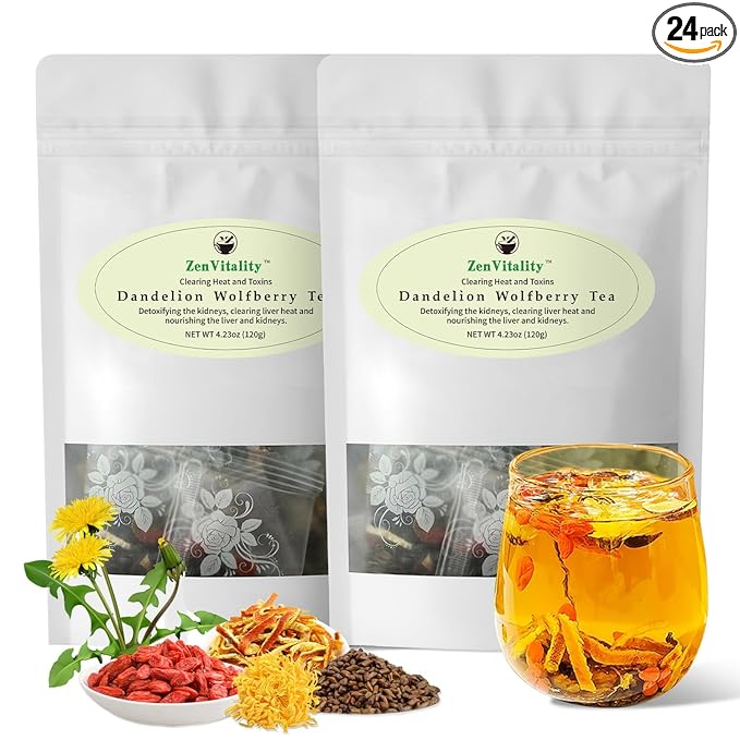 ZenVitality Dandelion Wolfberry Tea Organic Bags, dandelion root Natural Kidneys & Liver Health tea with Dandelion, Chrysanthemum, Wolfberry, Cassia Seed, Orange Peel, Gardenia, Black Tea(24 Bags/Pack)