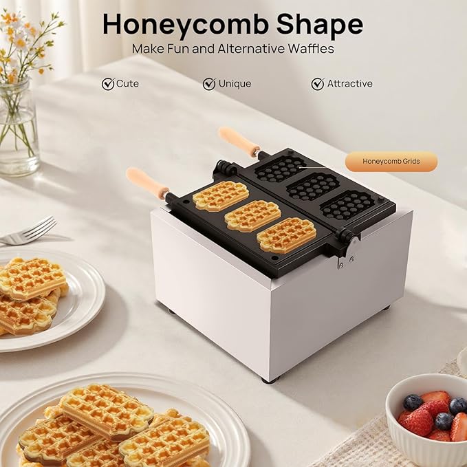 1.5kw Waffle Stick Making Machine, 14.76x12.99x10.04in Non-Stick Electric Waffles Maker, Stainless Steel Waffle Maker with 3 Honeycomb-Shaped Grids, 122-572℉, Double-Sided Heating, Timer(0-5min)