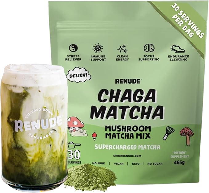 Renude Chaga Matcha - Chaga Mushroom Powder, Ceremonial Grade Matcha Superfood Drink Mix with Adaptogens, Keto, Vegan, Sugar Free, Natural Energy and Immune Support - 30 Servings