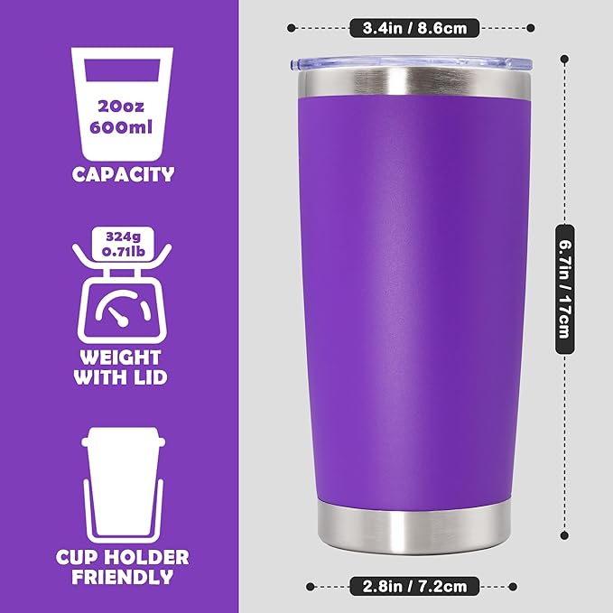 20oz Tumbler Stainless Steel Tumbler Cup with Lid Vacuum Insulated Double Wall Travel Mug, Durable Powder Coated Travel Coffee Tumbler Mug for Hot & Cold Drinks, Purple,4 Pack