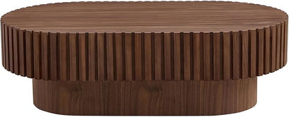 43.7 Inch Oval Drum Coffee Table, Modern Handcraft Fluted Drum Coffee Table, Wooden Oval Cocktail Tea Table Center Table with Sturdy Pedestal for Living Room Apartment (Walnut)
