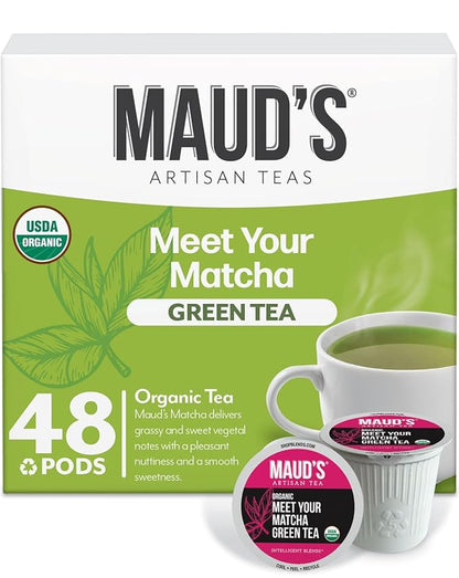 Maud's Organic Matcha Green Tea Pods, 48 ct, Recyclable Single Serve Tea Pods – 100% Gourmet Blended Tea Leaves, Compatible with Keurig K Cups Maker