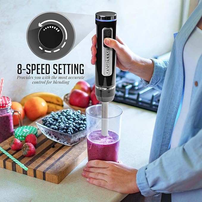 OVENTE Cordless Immersion Hand Blender, Rechargeable Handheld Portable Stick Mixer with 8 Mixing Speed Option, One-Touch Control and Stainless Steel Blades for Smoothies, Shakes or Soups, Black HR781B