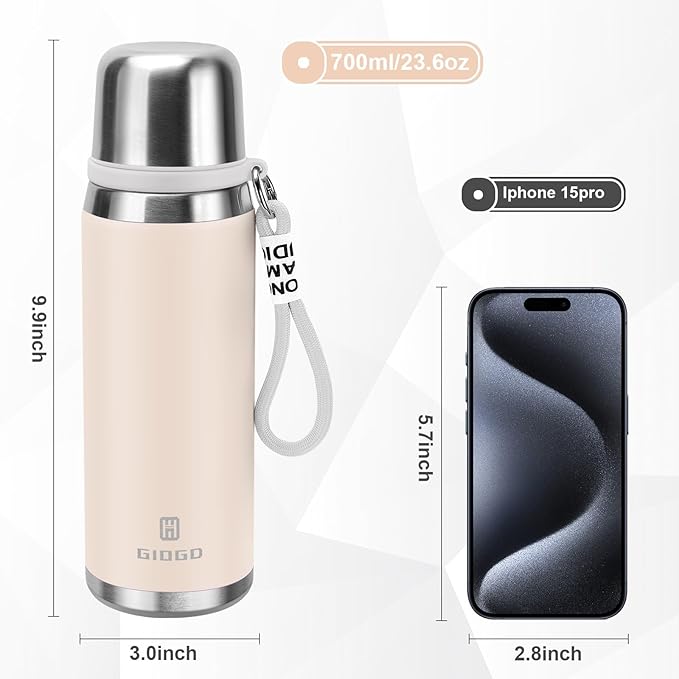 Stainless Steel thermo Bottles with cup 700ml/23.7oz Vacuum Insulated Bottle for hot and cold coffee drink water thermo flask with cup.(Gradient White,700ml)