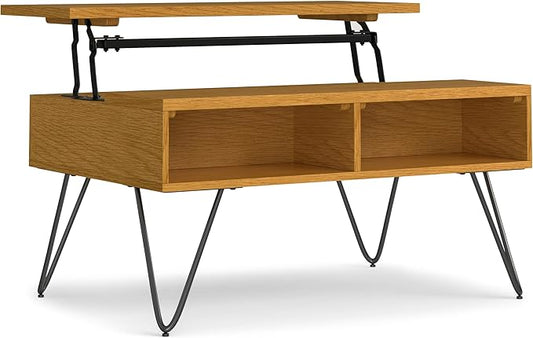 SIMPLIHOME Hunter Small Lift Top Coffee Table - 36 inch Wide Solid Oak Veneer and Metal Industrial Cocktail Table in Oak, Living Room Table with Hidden Storage, 2 Cubbies, and Hairpin Legs