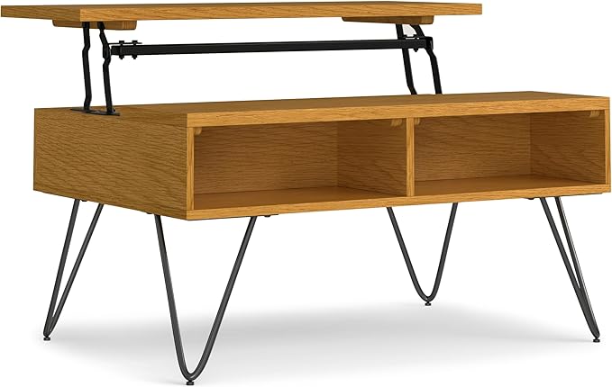 SIMPLIHOME Hunter Small Lift Top Coffee Table - 36 inch Wide Solid Oak Veneer and Metal Industrial Cocktail Table in Oak, Living Room Table with Hidden Storage, 2 Cubbies, and Hairpin Legs