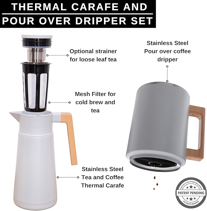 HASTINGS 68 Oz Pour Over Coffee Maker Set with Double Layer Reusable Stainless Steel Filter 8-Cup and Wood Handle - Dual Wall Heat Resistant Drip Coffee Brewer, Pour Over Coffee Dripper Carafe, Gray