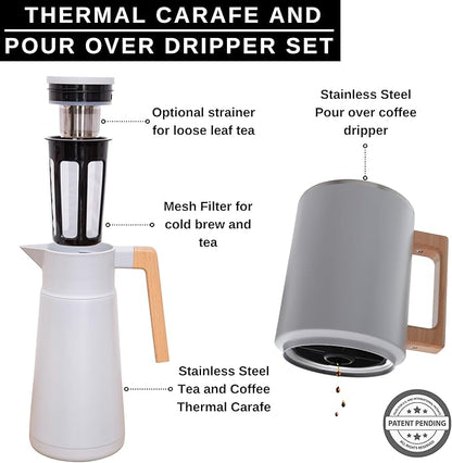 HASTINGS 68 Oz Pour Over Coffee Maker Set with Double Layer Reusable Stainless Steel Filter 8-Cup and Wood Handle - Dual Wall Heat Resistant Drip Coffee Brewer, Pour Over Coffee Dripper Carafe, Gray