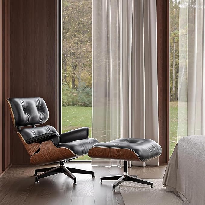 Premium Black Grain Leather, Mid Century Modern Chaise Lounge & Ottoman Set, Classic Design Chair, Heavy Duty Base Support for Living Room, Lounge, Office, Palisander Wood（Upgraded, Walnut-black)