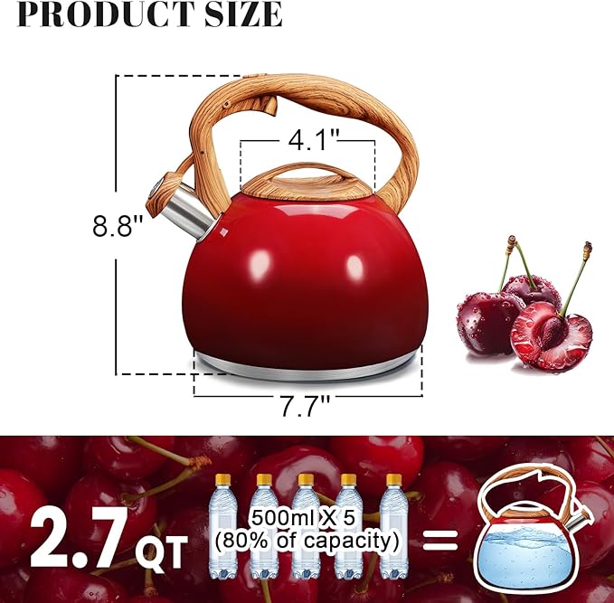 GGC Tea Kettle for Stove Top, 3.1QT/3L Whistling Tea Kettles for Boiling Water Coffee or Milk, Gradient Red Pot with Wood Parttern Handle, Stainless Steel Kettle Pot for Home and Kitchen