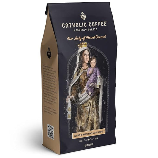 Catholic Coffee Our Lady of Mount Carmel | Medium Roast Whole Bean Coffee – Buttery Caramel Notes | 12oz Bag – Catholic Gift Honoring the Brown Scapular Devotion