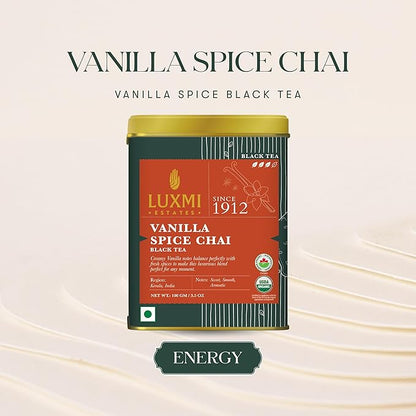 LUXMI Estates Vanilla Spice Chai 100Gm Loose Leaf Tin | Certified Organic Black Tea Leaf | Smooth, Flavorful, Robust, Caffeinated | Darjeeling & Assam Tea From India, 100 grams