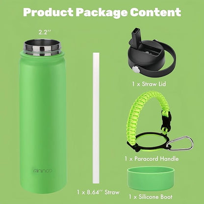mininoo 24 oz Insulated Water Bottle with Straw, Stainless Steel Double Wall Vacuum with Straw Lid, Leak Proof, BPA Free, Keep Cold for 24H & Hot for 12H(Canopy Green)