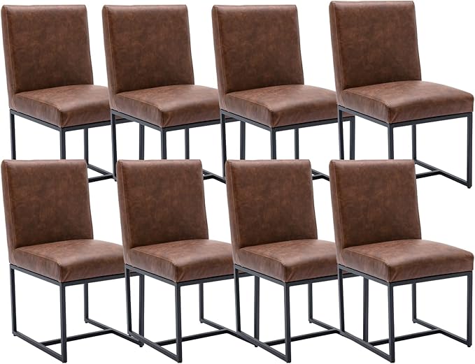CIMOTA Modern Dining Chairs Set of 8, Leather Dining Room Chairs Upholstered Mid Century Armless Guest Side Chair with Black Base for Dining Room/Kitchen, Vintage Brown 8PCS