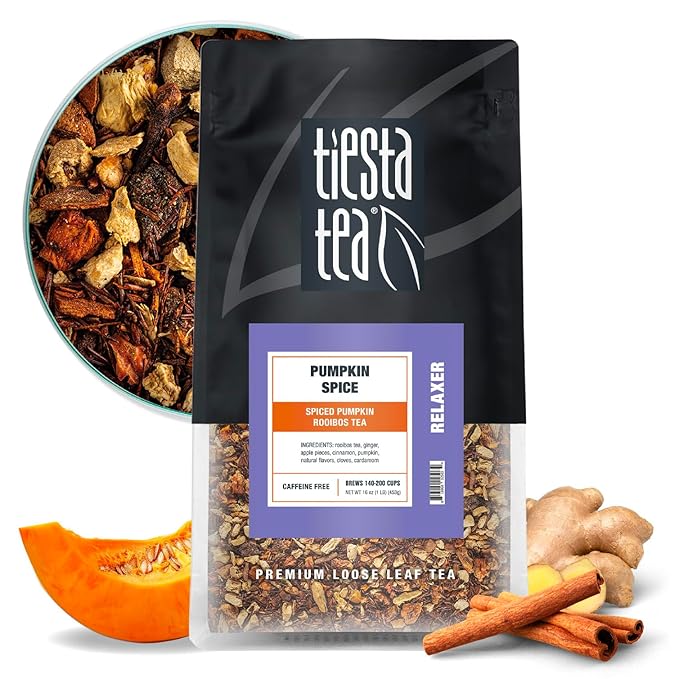 Tiesta Tea - Pumpkin Spice Rooibos Loose Leaf Tea, Premium Caffeine-Free Herbal Infusion, Brew Hot or Iced, Makes up to 200 Cups, Resealable Bulk Pouch, 16 Ounce