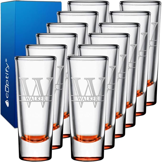 Personalized Shot Glasses Set of 12 Orange Bottom Custom 2 oz Cordial Shot Glass Initial and Name for Gifts, Weddings, Birthdays, Party, Event, Decorations