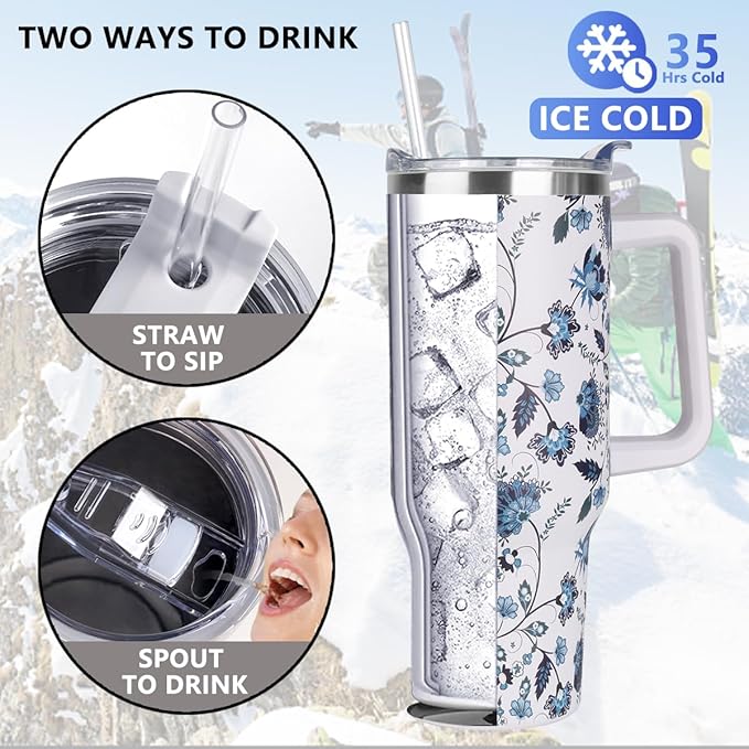 SYACOT 40 oz Tumbler with Handle and Straw Stainless Steel Insulated Tumbler Leak Proof Lid and Straw Lid Reusable Travel Mug Coffee Mug Cup Dishwasher Safe Keep Drinks Cold and Hot (Ceramics)