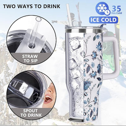 SYACOT 40 oz Tumbler with Handle and Straw Stainless Steel Insulated Tumbler Leak Proof Lid and Straw Lid Reusable Travel Mug Coffee Mug Cup Dishwasher Safe Keep Drinks Cold and Hot (Ceramics)