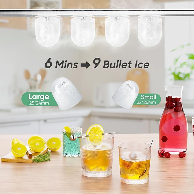 DUMOS Countertop Ice Maker with Handle, 26lbs/24H Portable Ice Machine, 9 Bullet Cubes Ready in 6 Mins, Self-Cleaning, Quiet Compact for Home, Kitchen, RV, Camping, Bright Black