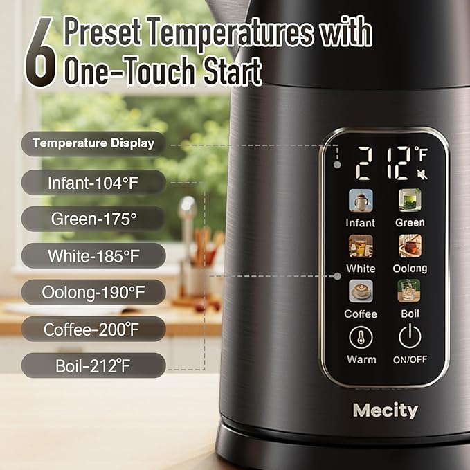 Mecity Electric Kettle Touch Screen Temperature Control Water Boiler, No Plastic Contact with Water. 6 Preset Temperature Programs, 2 Hours Keep Warm, 1.7 Liter Dark Grey