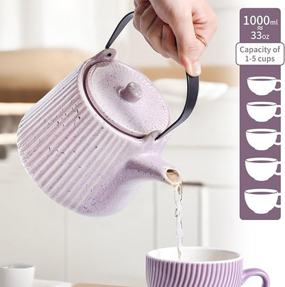Yundu Purple Ceramic Teapots, 1000ml/33.8oz Tea Kettle, Enough for 4 Cups, Tea pot with infusers for loose tea, Striped Tea Pot with Removable Tea infuser