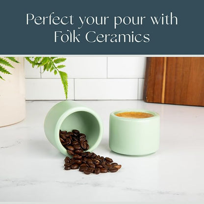 Folk Ceramics Leonard Ceramic Espresso Cups | Modern Stackable Demitasse Mugs for Espresso | Double Walled, Handleless, Durable, Dishwasher & Microwave Safe | 3oz, Set of 2 | Misty Green