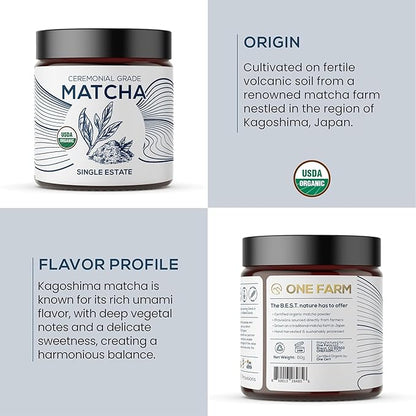 One Farm by WAAYB Organic Ceremonial Matcha Powder, 20 Servings, Single Estate Green Tea Powder, Non-GMO, Fair-Trade, Vegan, Gluten Free, Clean Energy and Focus in a Resealable Glass Jar