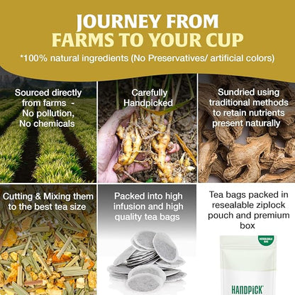 HANDPICK, Lemon Ginger Herbal Tea - 100 Pyramid Tea Bags | 100% Natural Ingredients, Tasty & Citrusy Hand-made Blend of Lemon & Ginger | Caffeine Free, Gluten Free | No Artificial Ingredients